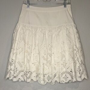 Milly of New York tiered eyelet laser cut skirt side zip lined white 4